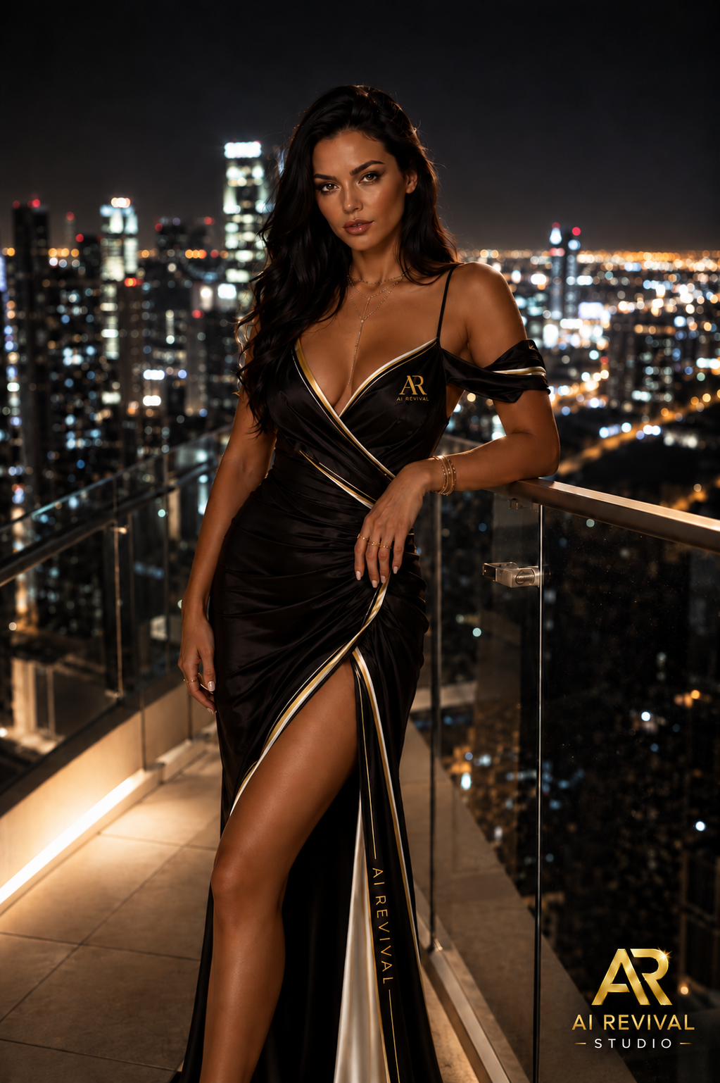 Woman wearing a floor-length black AI Revival evening dress with ivory and gold trim above a city at night